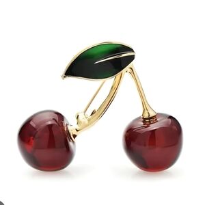 Double Cherry Acrylic Gold Metal Brooch Jacket Lapel Pin Fashion Accessories